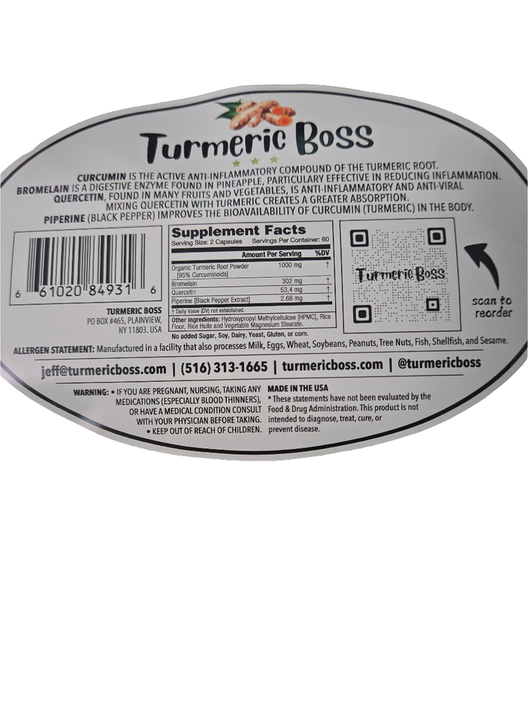 Turmeric Boss Supplement Capsule Curcumin Quercetin Bromolain Peperine