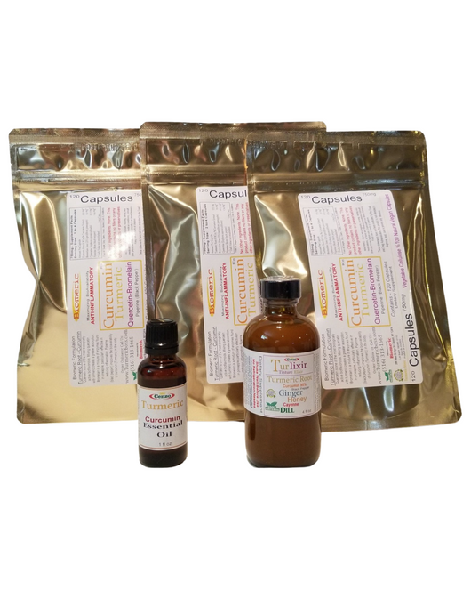 Turmeric Bundle Package (3 Pouches Turmeric Supplement Capsules, 1x 4oz Turmeric Tincture, 1x 1oz Topical Turmeric Oil) - Turmeric Boss